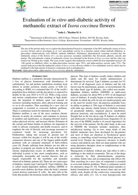 Pdf Evaluation Of In Vitro Anti Diabetic Activity Of Methanolic