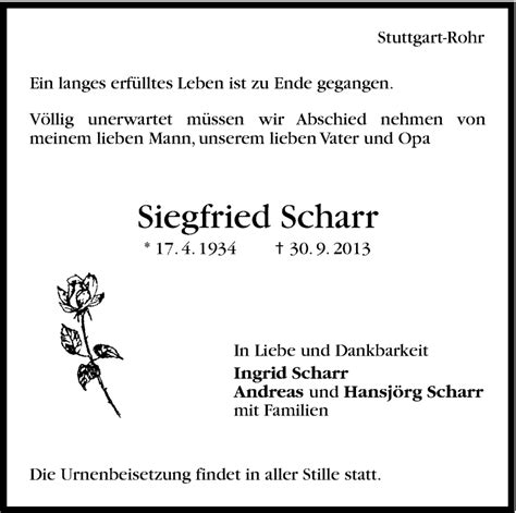 Traueranzeigen Von Siegfried Scharr Stuttgart Gedenktde