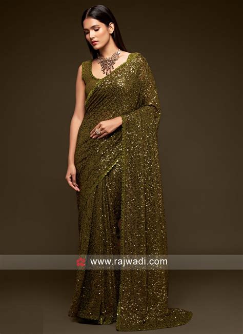 Olive Green Faux Georgette Classic Designer Saree