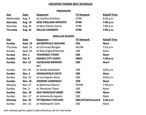 Houston Texans Printable Schedule