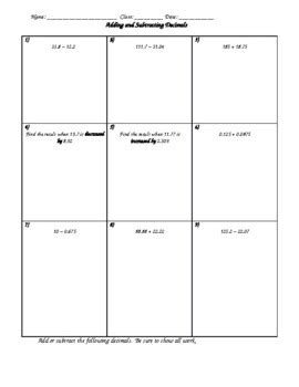 Adding And Subtacting Decimals HW Classwork 3 By Let S Practice