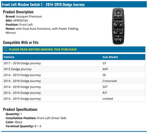 2014 2019 Dodge Journey Window Switch Autopart Premium Apws0165 Front Left