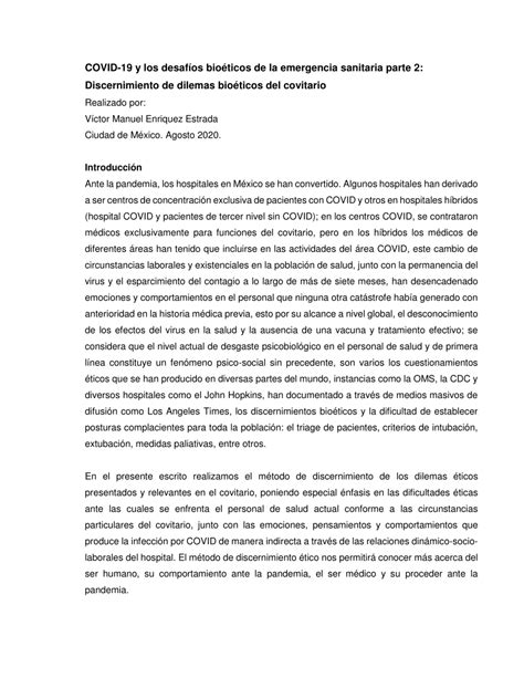 Pdf Covid Y Los Desaf Os Bio Ticos De La Emergencia Sanitaria