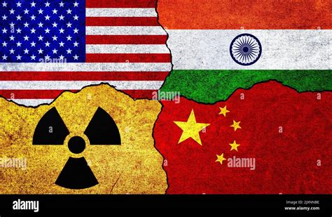 Flags Of Usa India China And Radiation Symbol On A Wall United