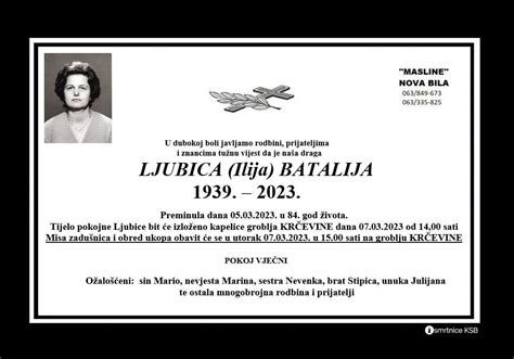 Ljubica Ilija Batalija Osmrtnice Ksb