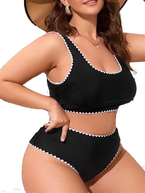 Plain Scoop Neck Black And White Plus Size Bikini Sets Women S Plus