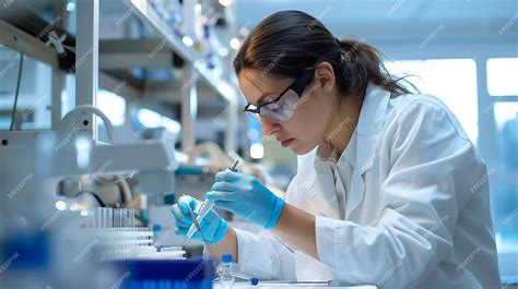 Premium Photo A Female Scientist Wearing A Lab Coat And Safety Goggles Works In A Laboratory