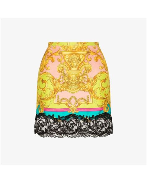 Versace Barocco Goddess Lace Trim Silk Mini Skirt In Yellow Lyst