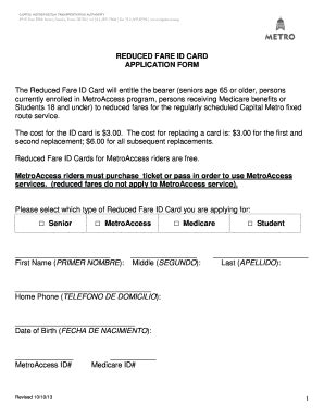 Fillable Online Capmetro REDUCED FARE ID CARD APPLICATION FORM