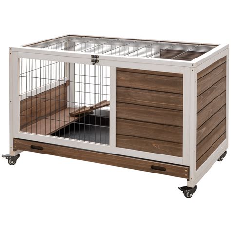 PawHut Wooden Indoor Rabbit Hutch W Enclosed Run Brown Aosom UK