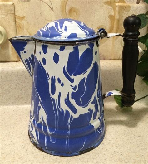 Rare Antique Graniteware Coffee Pot Cobalt Blue White Swirl Mottled