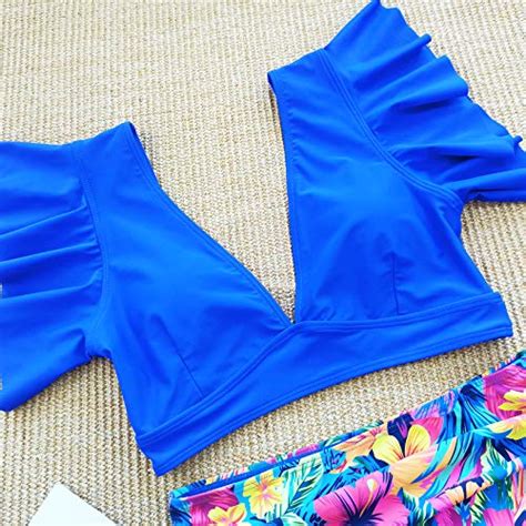 SPORLIKE Women Ruffle High Waist Swimsuit Two Pieces Push Up Tropical Print Bikini Print
