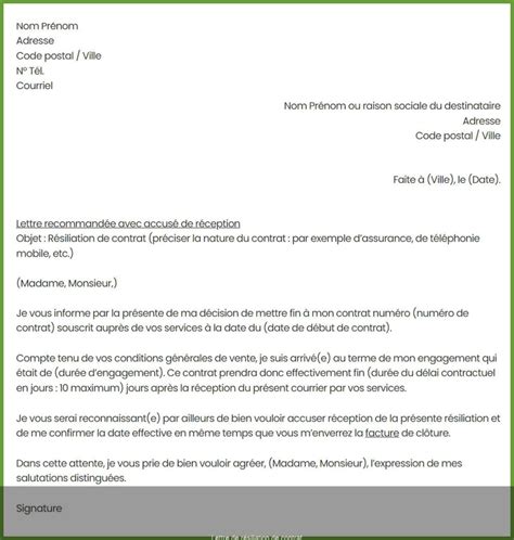 Lettre résiliation de contrat Modèle de Contrat