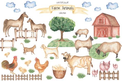 Watercolor Farm Animals set