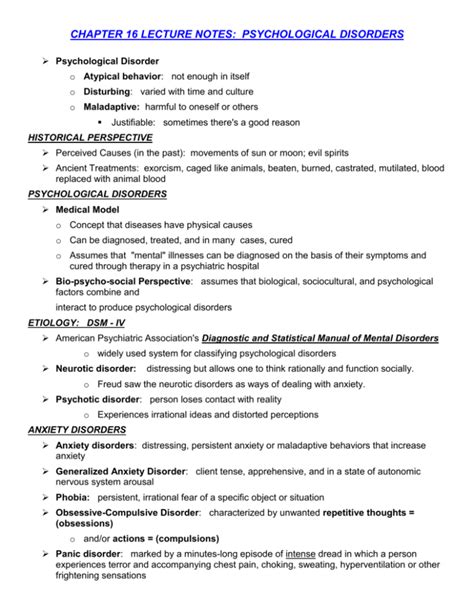 Chapter Lecture Notes Psychological Disorders