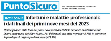 INFORTUNI E MALATTIE PROFESSIONALI I DATI INAIL DEI PRIMI NOVE MESI