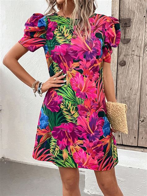 Shein Clasi Tropical Print Puff Sleeve Dress Shein Usa