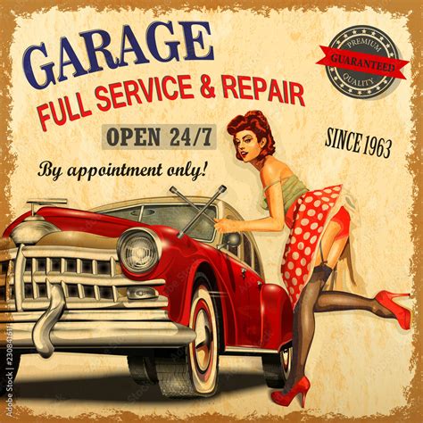 Vetor De Vintage Garage Retro Poster With Retro Car And Pin Up Girl Do