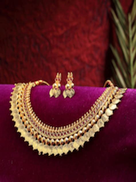 Buy ZENEME Gold Plated Red Pearl Studded Temple Jewellery Set