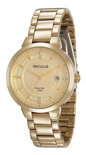 Reloj Dorado Con Piedras Seculus Long Life 28902l Para Mujer Color De