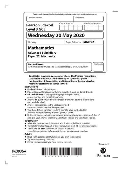 Pearson Edexcelfurther Mathematics8ma022 Question Paper And Mark