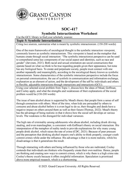 Soc T Symbolic Interactionism Worksheet Soc Symbolic