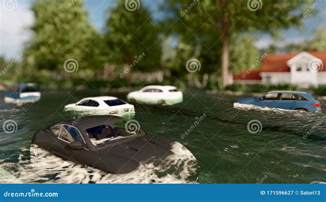 Cars Driving On A Flooded Road During A Flood Caused By Heavy Rain 3d