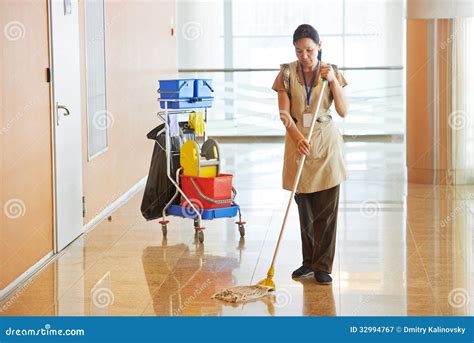 Female Worker Cleaning Business Hall Stock Image Image Of Cleanness