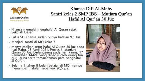 Hafidzah Termuda Ibs Mutiara Quran Khansa Difi Al Mahy Kelas