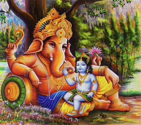 Ganesha And Krishna Drawing by Asp Arts