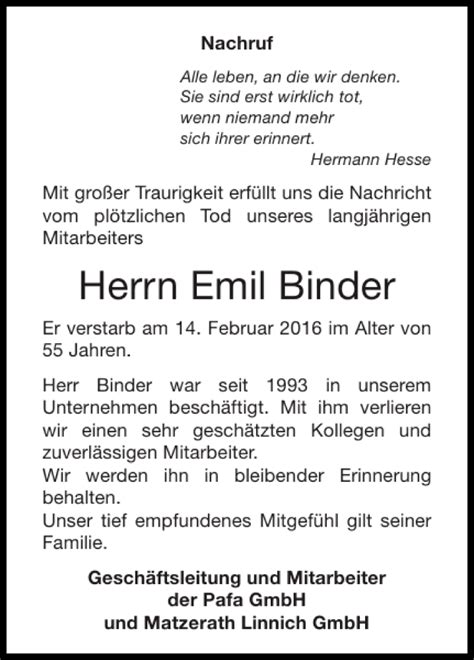 Traueranzeigen Von Emil Binder Aachen Gedenkt