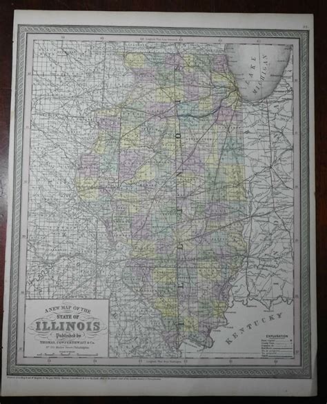 Illinois State 1850 Thomas And Cowperthwait Fine Detailed Hand Color Map