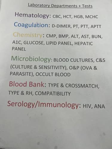 Laboratory Departments Tests Flashcards Quizlet