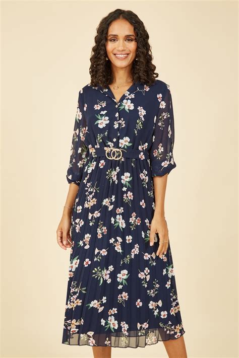 Mela Navy Floral Print Midi Pleated Dress With Gold Buckle Belt Detail