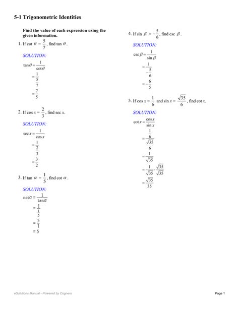 Trigonometric Identities Worksheet