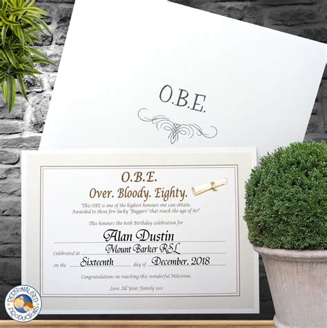 Personalised Over Bloody Eighty Certificates. A5 in size . Printed on ...