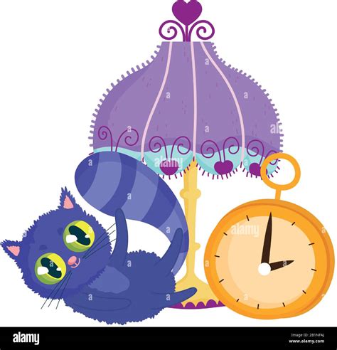 wonderland, cat lamp clock cartoon character vector illustration Stock ...