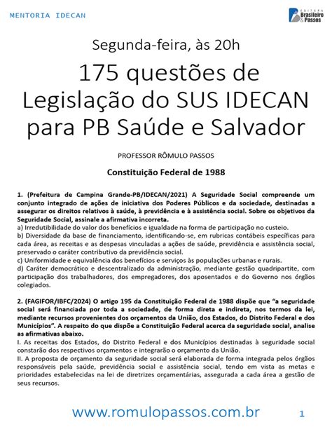 175 Questões De Legislação Do Sus Idecan Para Pb Saúde E Salvador Pdf