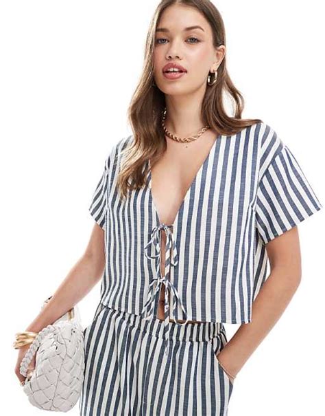 Asos Design Top With Tie Front In Blue Stripe Co Ord Asos