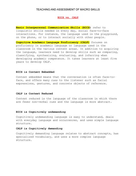 Teaching And Assessment Of Macro Skills Bics Vs Calp Bics Vs Calp