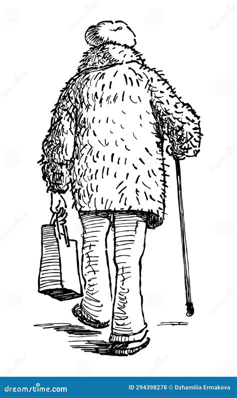 Sketch Of Old Woman In Fur Coat With Walking Stick Strolling Outdoors