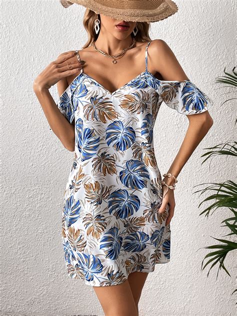 Shein Vcay Tropical Print Cold Shoulder Dress Shein Usa