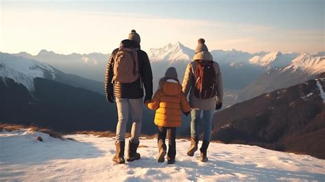 Familia con niños haciendo senderismo en las montañas ia generativa