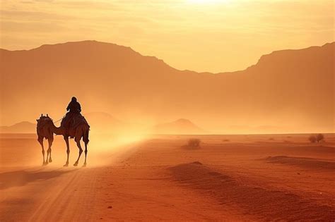 Premium Photo Two People Riding On The Backs Of Horses In The Desert