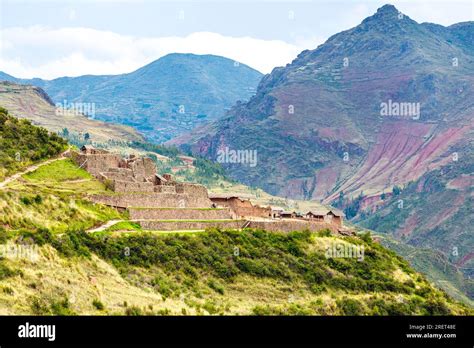 View Of The Archeological Inca Ruin In Pisac Sacred Valley Peru Stock