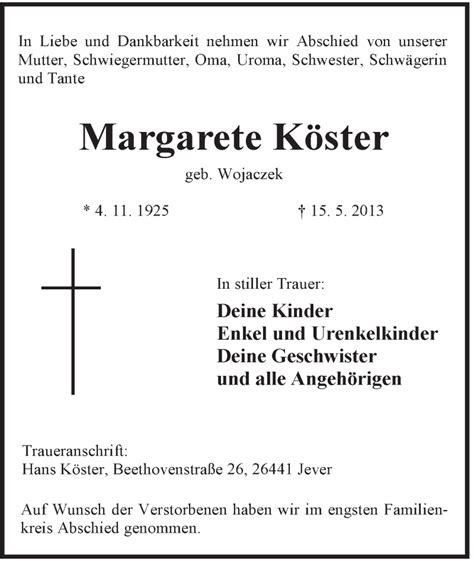 Traueranzeigen von Margarete Köster nordwest trauer de