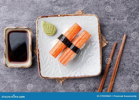 Crab Stick Sushi On White Plate Japanese Asian Food Style Stock Image