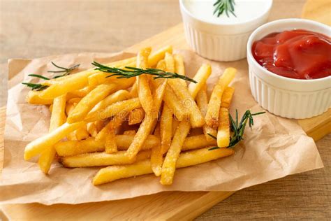 French Fries With Sour Cream And Ketchup Stock Photo Image Of