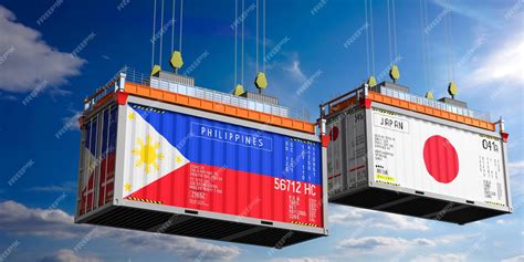 Premium Photo Shipping Containers With Flags Of Philippines And Japan