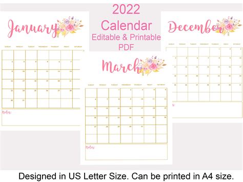 Free Printable Calendar 2022 Pdf In Gorgeous Florals Editable